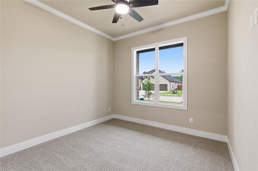Neutral-toned room featuring a ceiling fan, crown molding, and light-colored carpeting Neutral-toned room featuring a ceiling fan, crown molding, and light-colored carpeting