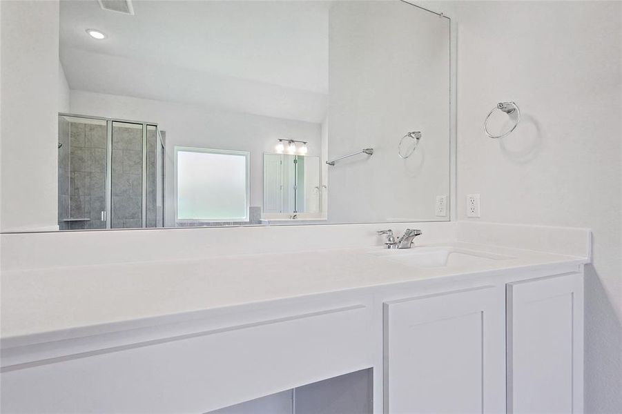 Bathroom featuring vanity and a shower with door