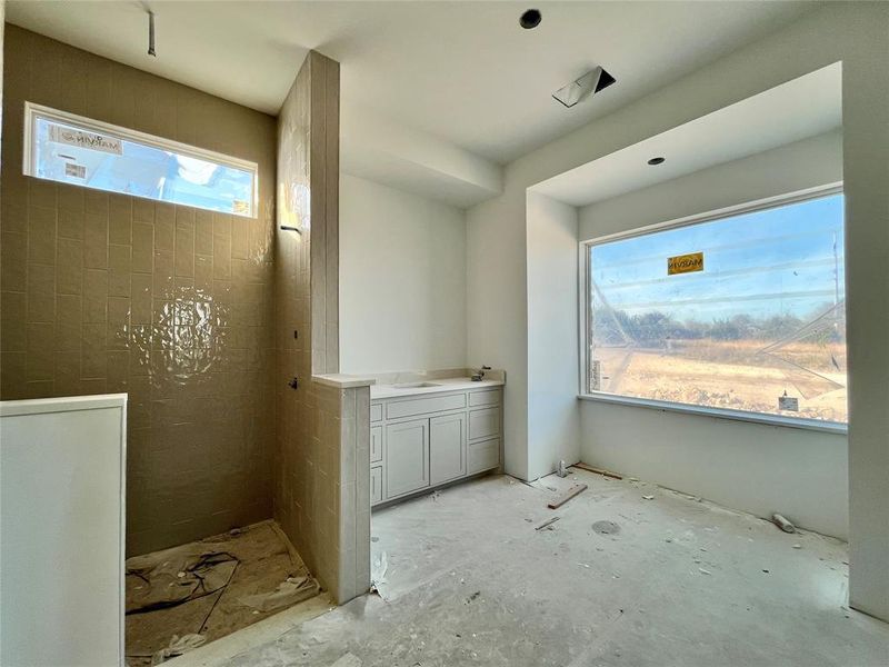 Bathroom with a tile shower and vanity