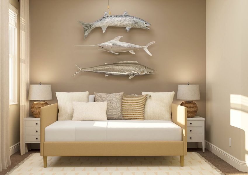 Rendering of a bedroom with a daybed. Rendering of a bedroom with a daybed.