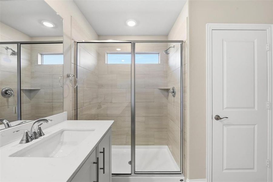Full bath with vanity and a stall shower