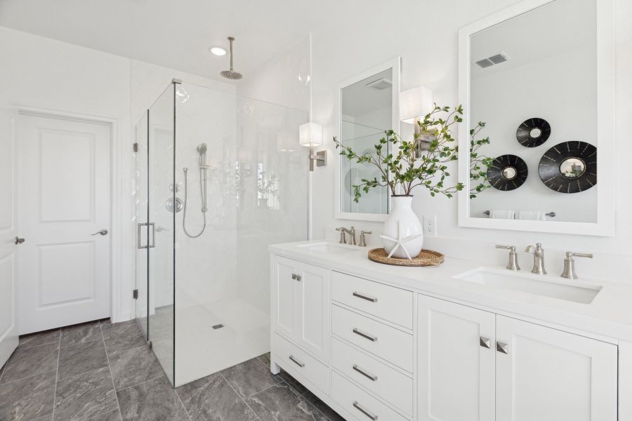Primary bath with glass shower enclosure and freestanding vanity Primary bath with glass shower enclosure and freestanding vanity