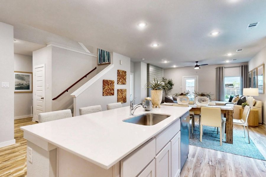 A kitchen with a large island.