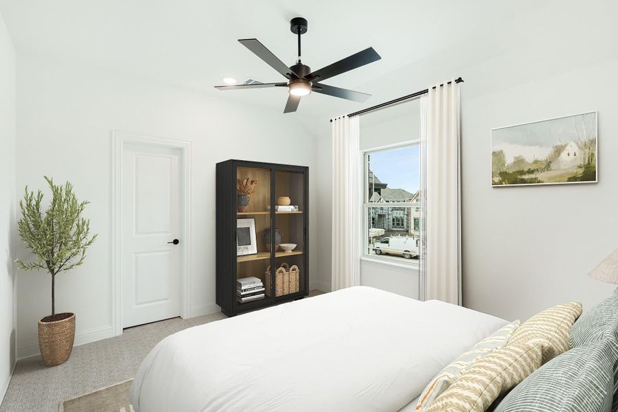 Bedroom with white walls, ceiling fan, black display cabinet, and window with white curtains