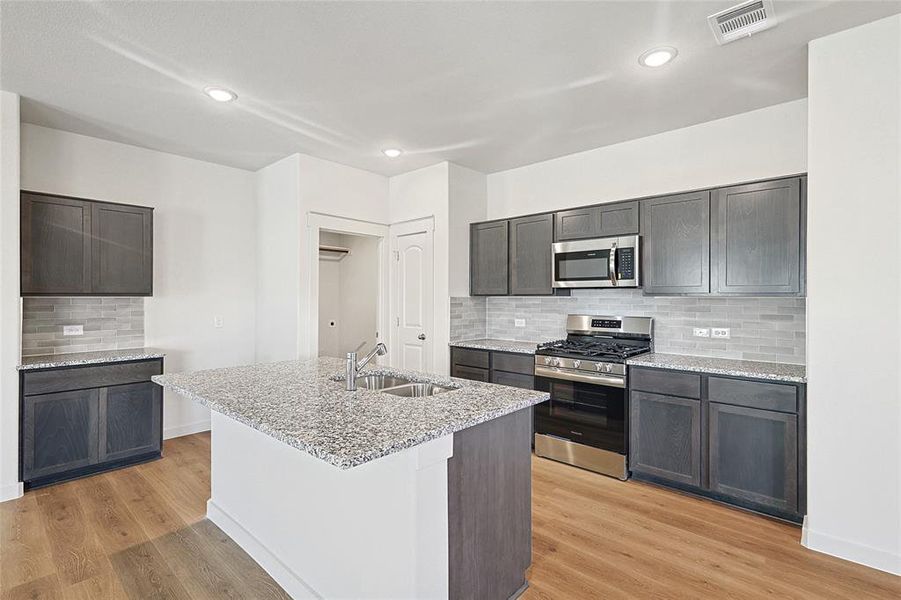 Kitchen featuring light wood-type flooring, tasteful backsplash, stainless steel appliances, sink, and an island with sink