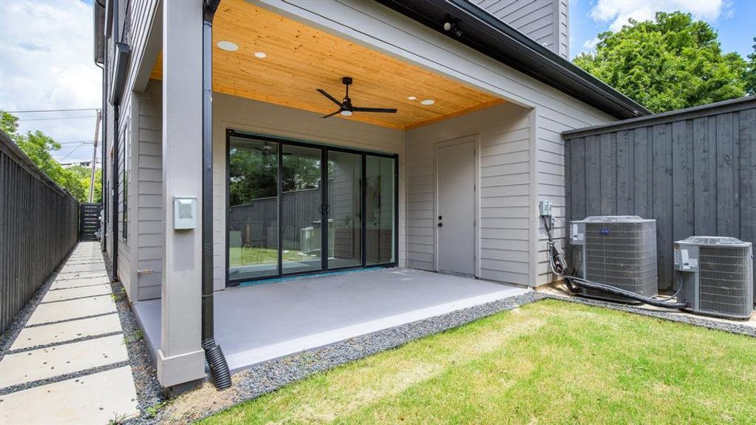 View of patio / terrace featuring central AC unit and ceiling fan