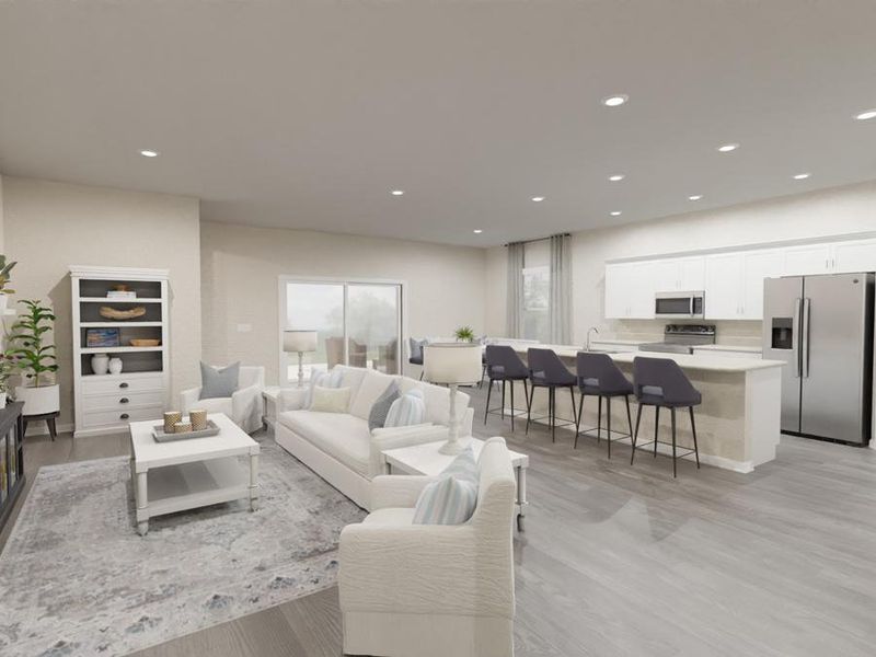 Enjoy your light-filled open living area with open kitchen with a counter-height island, walk-in pantry, and sunny dining cafe. (Artists` rendering of the Aubrey)