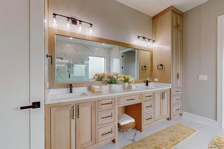 virtual Staged Main Bathroom featuring a shower with shower door and vanity