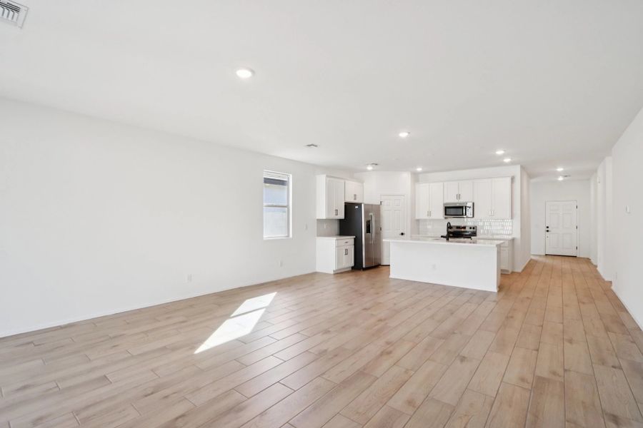 Great room, dining and kitchen