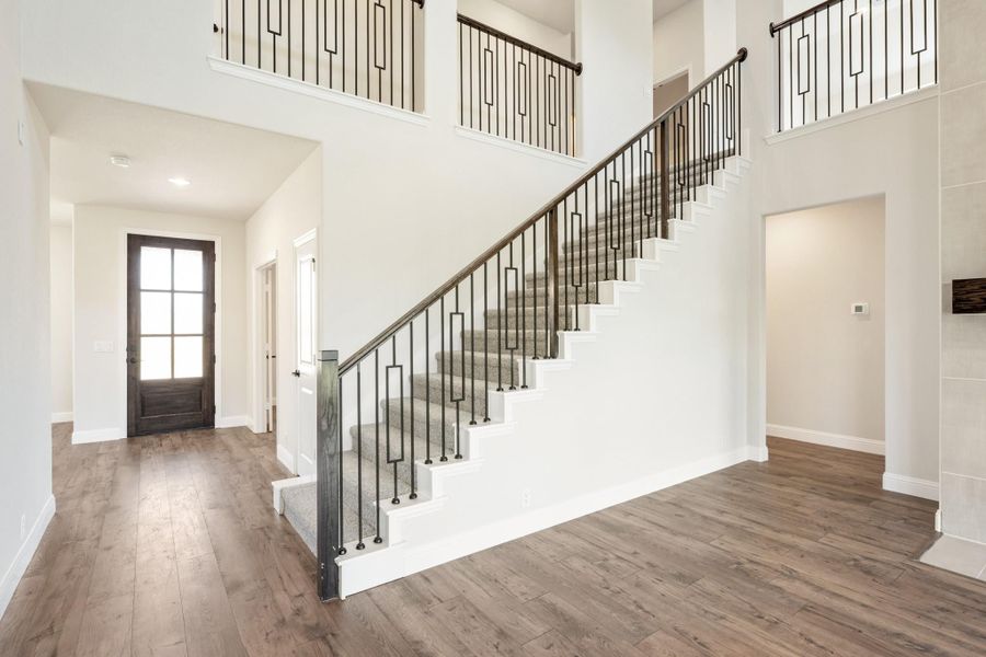 Two-story foyer with carpeted staircase, black iron balusters, hardwood floors, and a wood front door with glass panels