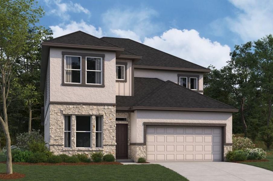 Front exterior of a new home in Cascades at Onion Creek, Austin, TX, highlighting curb appeal (Image 2).