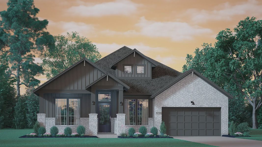 Representative exterior photo of a completed home built from the Brentwood by Chesmar Homes in Steward Estates, Conroe, TX (Image 28). Representative exterior photo of a completed home built from the Brentwood by Chesmar Homes in Steward Estates, Conroe, TX (Image 28).