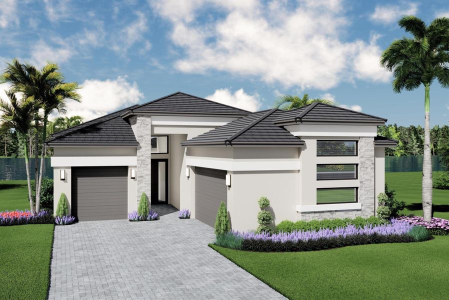 Front exterior of a new home in Valencia Del Mar, Boynton Beach, FL, highlighting curb appeal (Image 10).