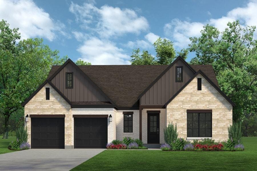 Front exterior of a new home in Timberbrook, Justin, TX, highlighting curb appeal (Image 1). Front exterior of a new home in Timberbrook, Justin, TX, highlighting curb appeal (Image 1).