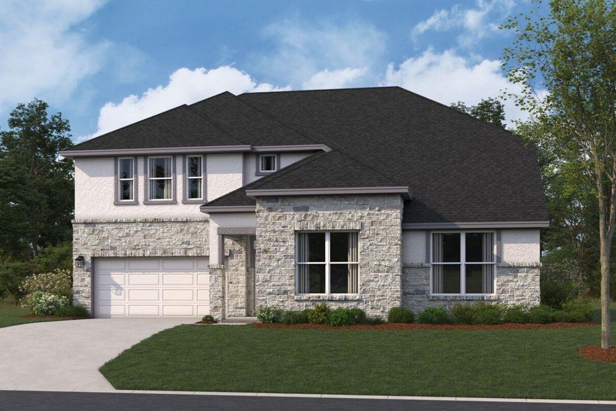 Front exterior of a new home in Barksdale, Leander, TX, highlighting curb appeal (Image 1). Front exterior of a new home in Barksdale, Leander, TX, highlighting curb appeal (Image 1).