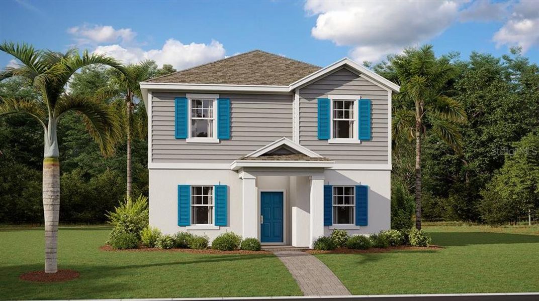 Front exterior of a new home in Wellness Ridge, Clermont, FL, highlighting curb appeal (Image 1). Front exterior of a new home in Wellness Ridge, Clermont, FL, highlighting curb appeal (Image 1).