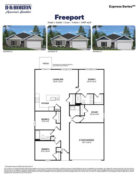 2D floor plan layout for the FREEPORT by D.R. Horton in Wilson's Ridge, Wilson's Mills, NC (Image 3).