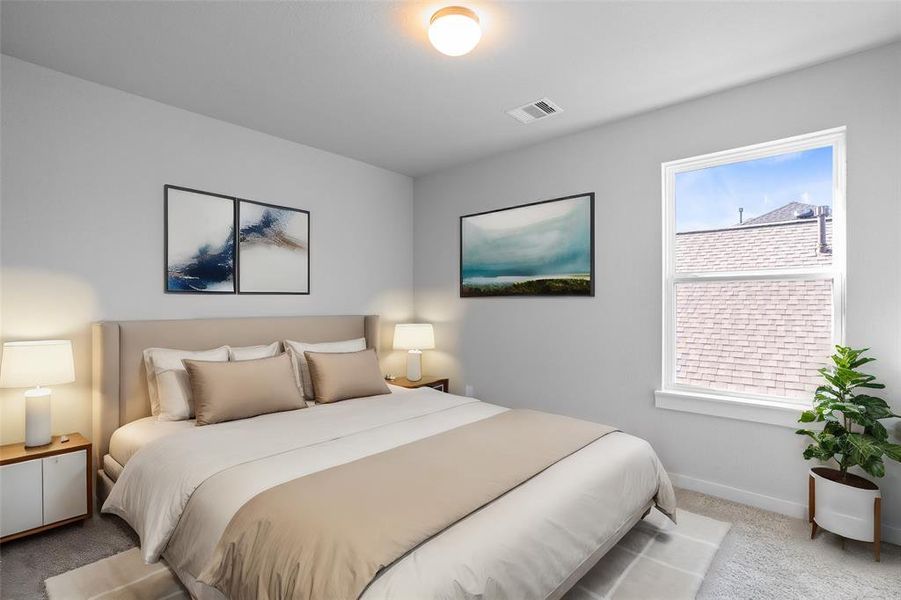 Secondary bedroom features plush carpet, custom paint, high ceilings, and large window with privacy blinds.