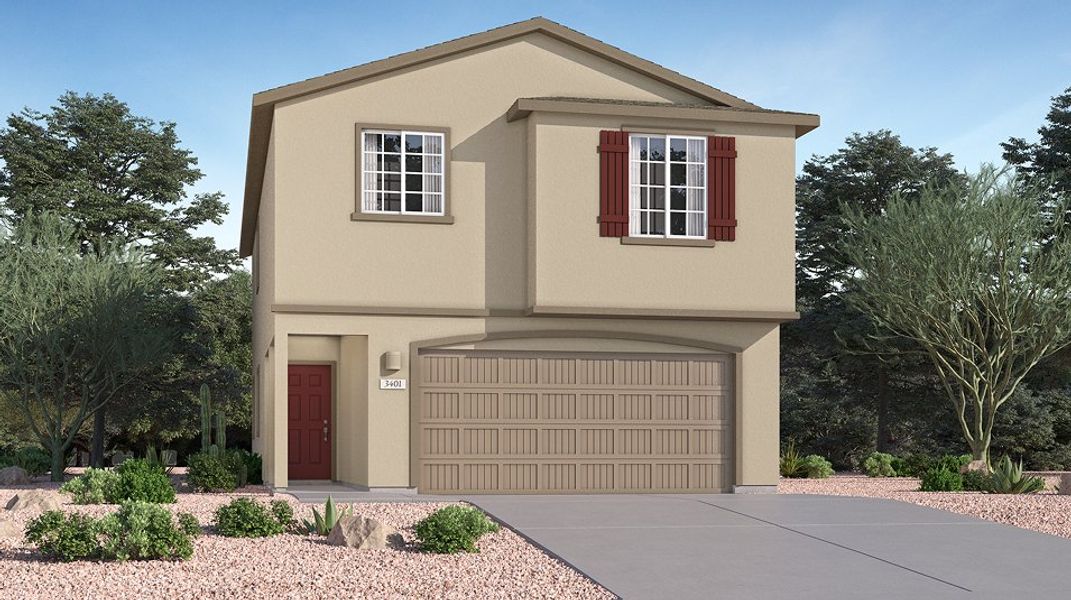 Front exterior of a new home in Red Rock Village: Belmar Collection, Red Rock, AZ, highlighting curb appeal (Image 1).