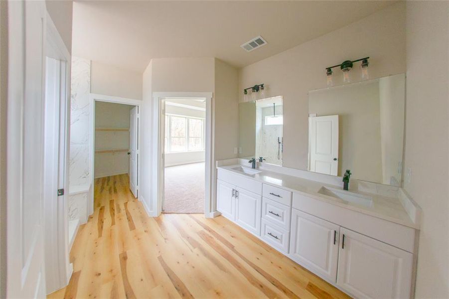 Bathroom with double vanity, light wood-style floors, and a walk in closet