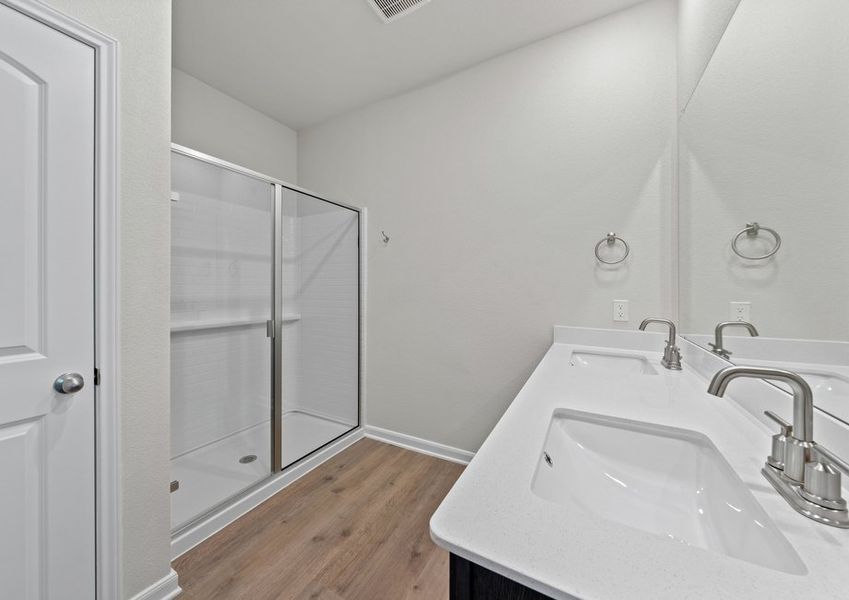 The master bathroom has a glass, walk-in shower. The master bathroom has a glass, walk-in shower.