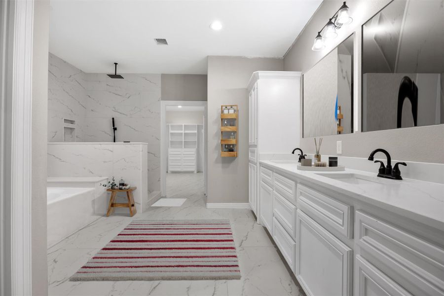 Sample of Home. Primary bath with jacuzzi  Virtually staged