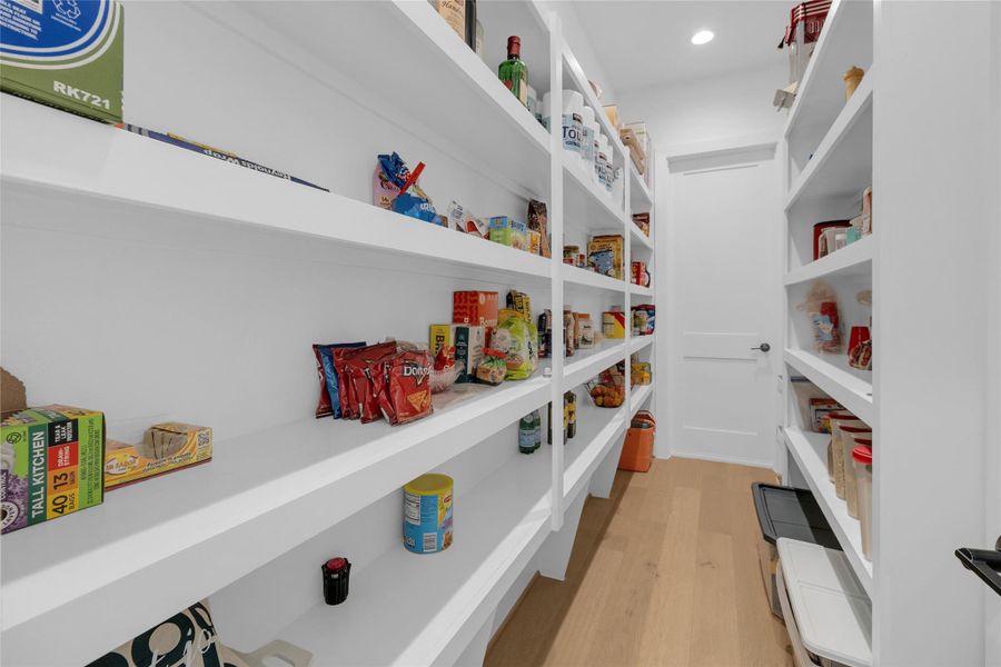 Walk-in pantry offering exceptional storage space.