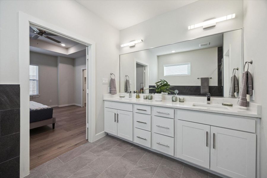 Representative photo showing the community’s model home primary bathroom. Layout and selections may vary.