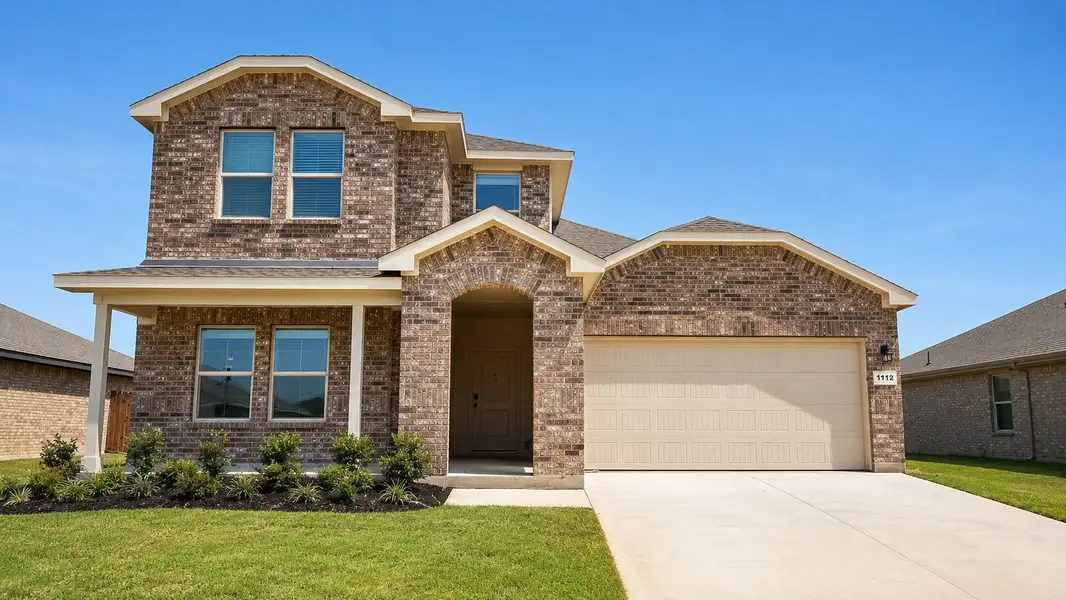 Front exterior of a new home in Bella Vista, Granbury, TX, highlighting curb appeal (Image 1). Front exterior of a new home in Bella Vista, Granbury, TX, highlighting curb appeal (Image 1).