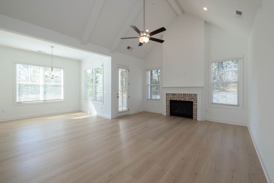 Fireplace located in the family room