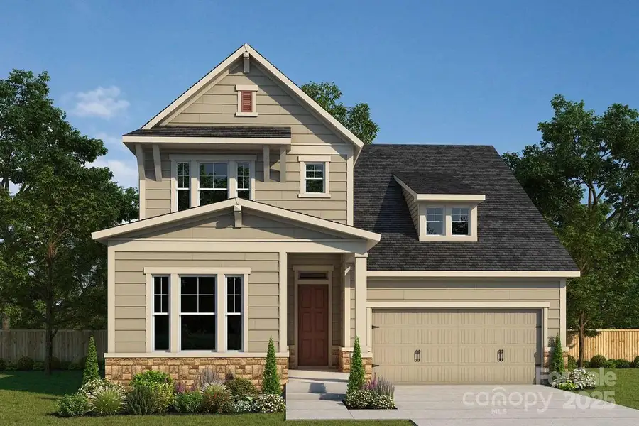 Front exterior of a new home in North Creek Village, Huntersville, NC, highlighting curb appeal (Image 1).