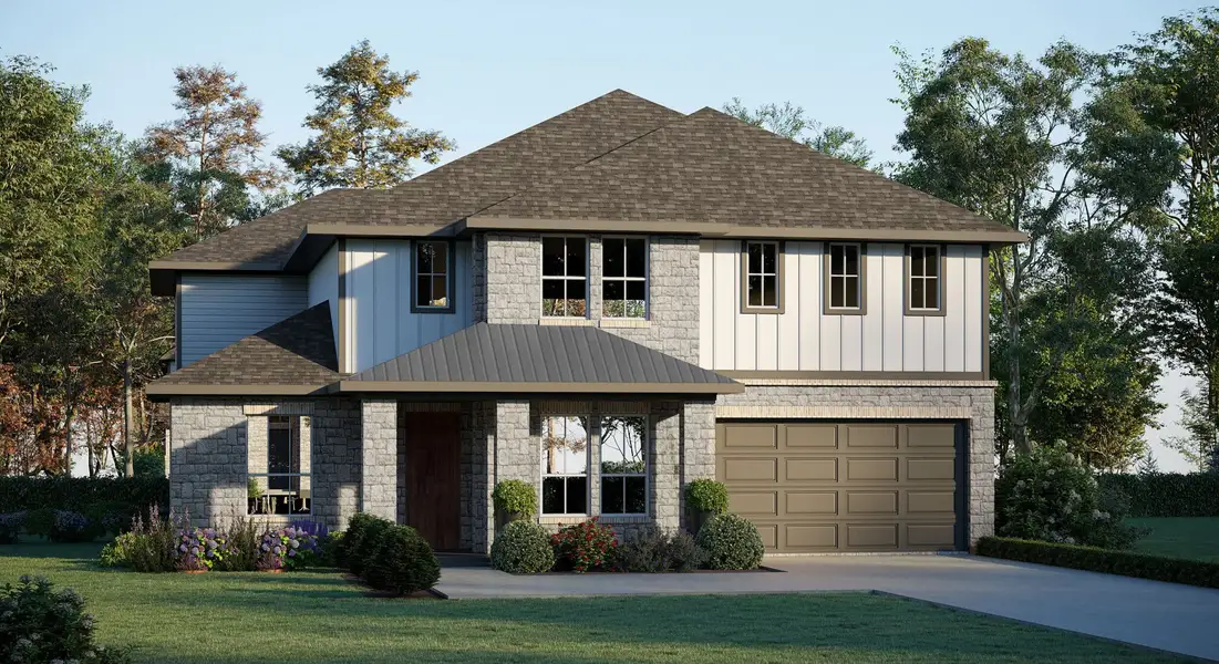 Representative exterior photo of a completed home built from the Harrison 5234 by GFO Home in Enclave At Cele, Pflugerville, TX (Image 4).