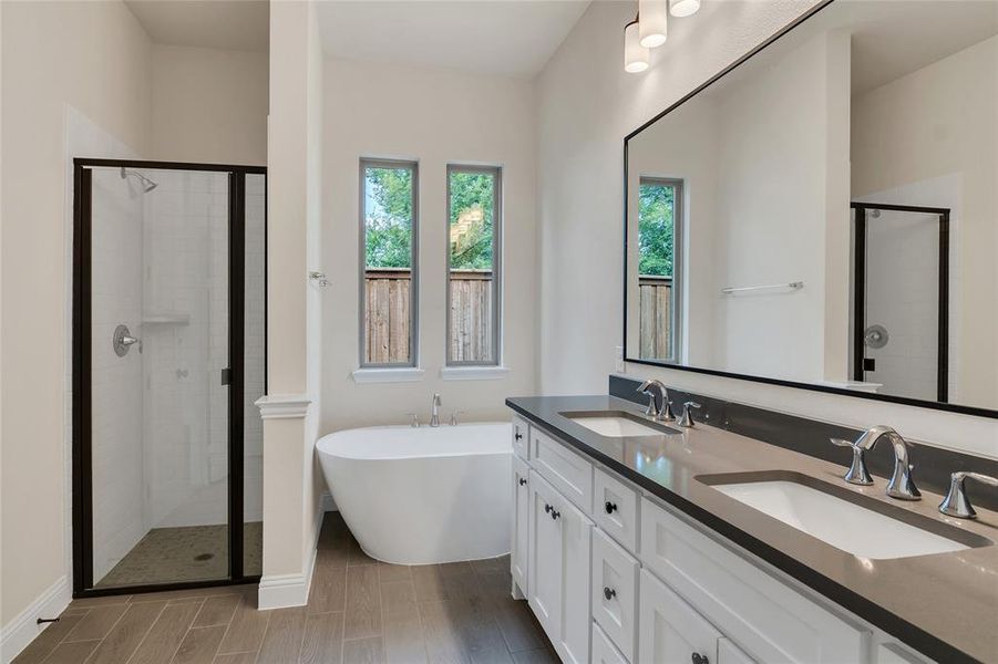 Bathroom with separate shower and tub and double sink vanity