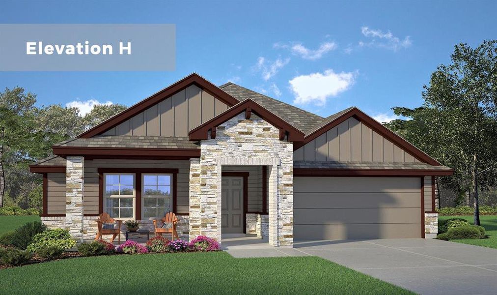 Single-story residence featuring a stone and siding exterior, front-facing two-car garage, and a covered front porch Single-story residence featuring a stone and siding exterior, front-facing two-car garage, and a covered front porch