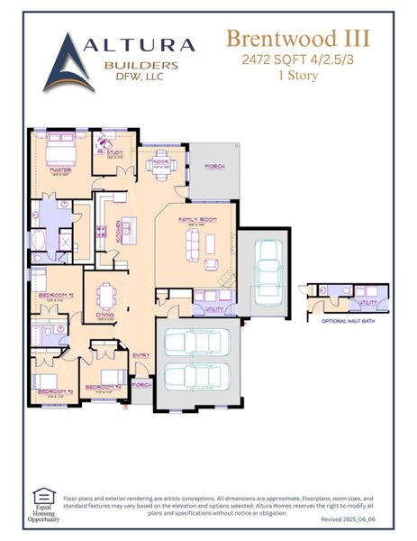 2D floor plan layout for the Brentwood III by Altura Homes in Mallard Point, Greenville, TX (Image 3).