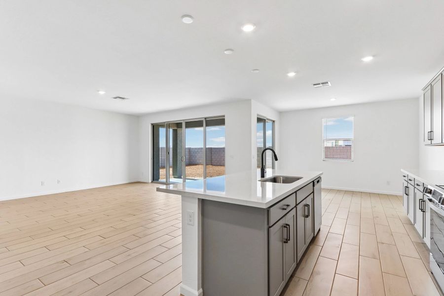 Great room, kitchen and dining