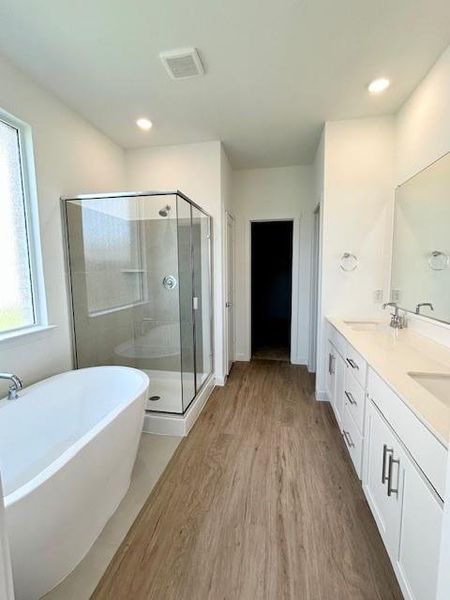 Bathroom featuring wood-finish flooring, a freestanding soaking tub, a glass-enclosed shower, a dual vanity with undermount sinks, and recessed lighting