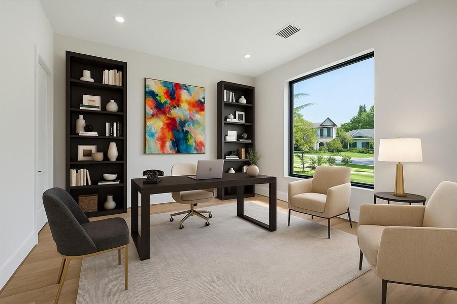 Designed as a peaceful retreat, the private study is enclosed by sliding glass doors for privacy while overlooking the landscaped front yard. Bright and inviting, it’s an ideal space for productivity or quiet relaxation. Designed as a peaceful retreat, the private study is enclosed by sliding glass doors for privacy while overlooking the landscaped front yard. Bright and inviting, it’s an ideal space for productivity or quiet relaxation.