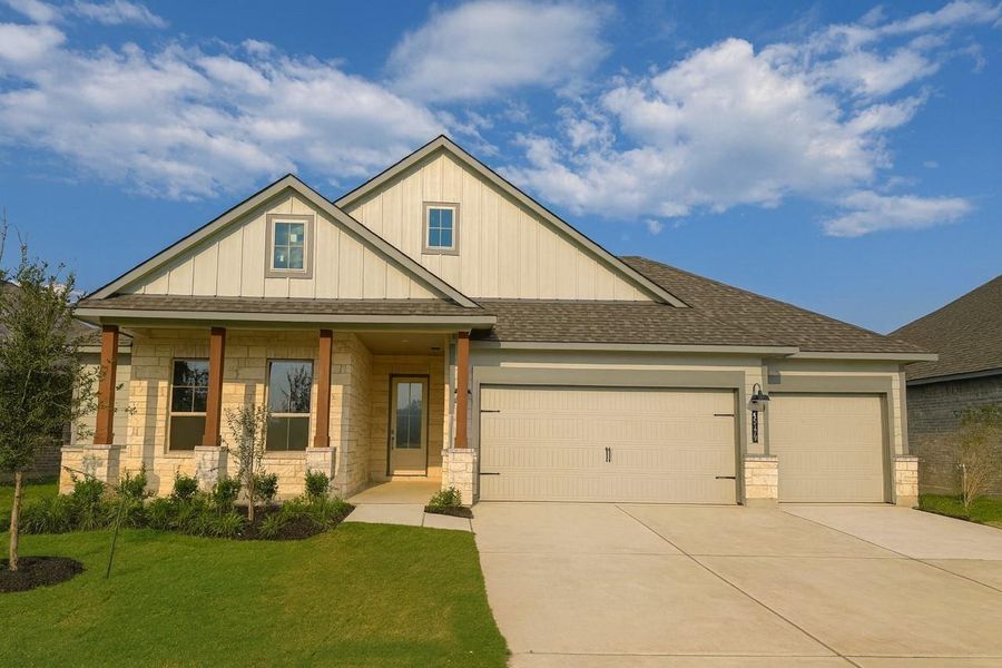 Front exterior of a new home in Wellborn Settlement, College Station, TX, highlighting curb appeal (Image 1).