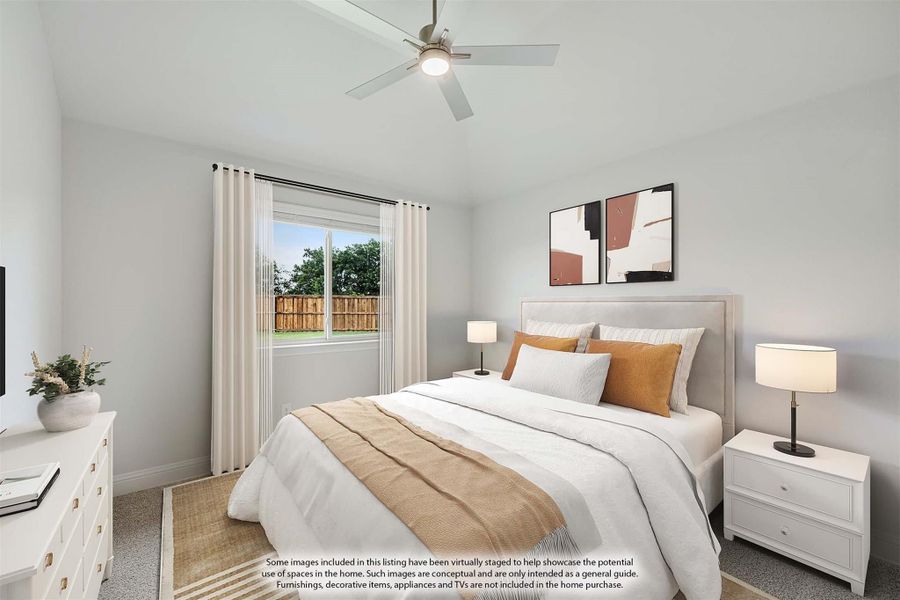 Bedroom with ceiling fan, carpet flooring, large window, and white nightstands flanking a queen bed Bedroom with ceiling fan, carpet flooring, large window, and white nightstands flanking a queen bed