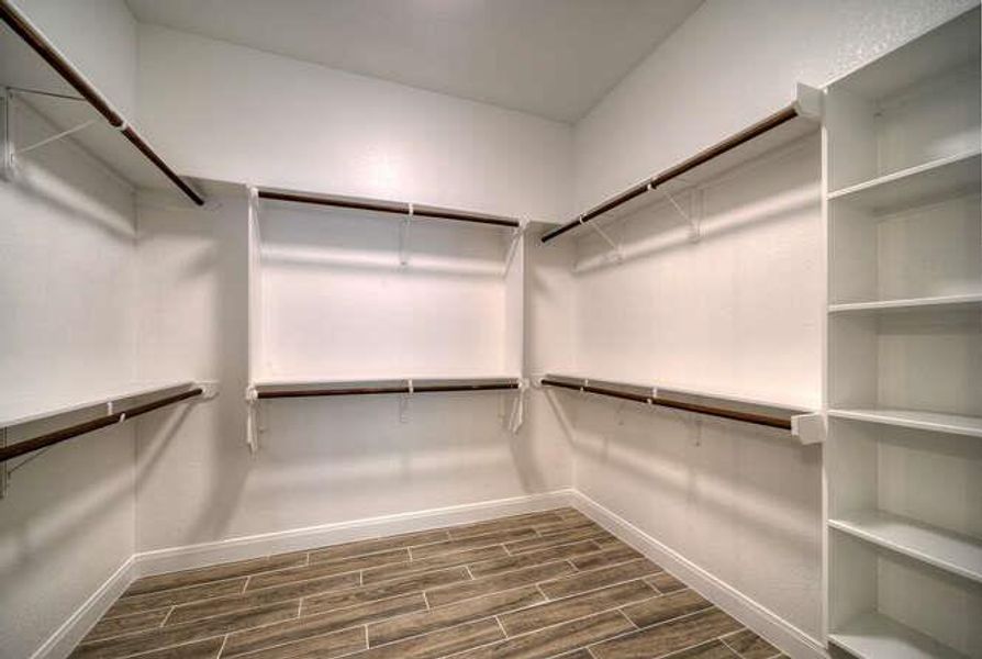 Spacious closet with dark wood-style floors