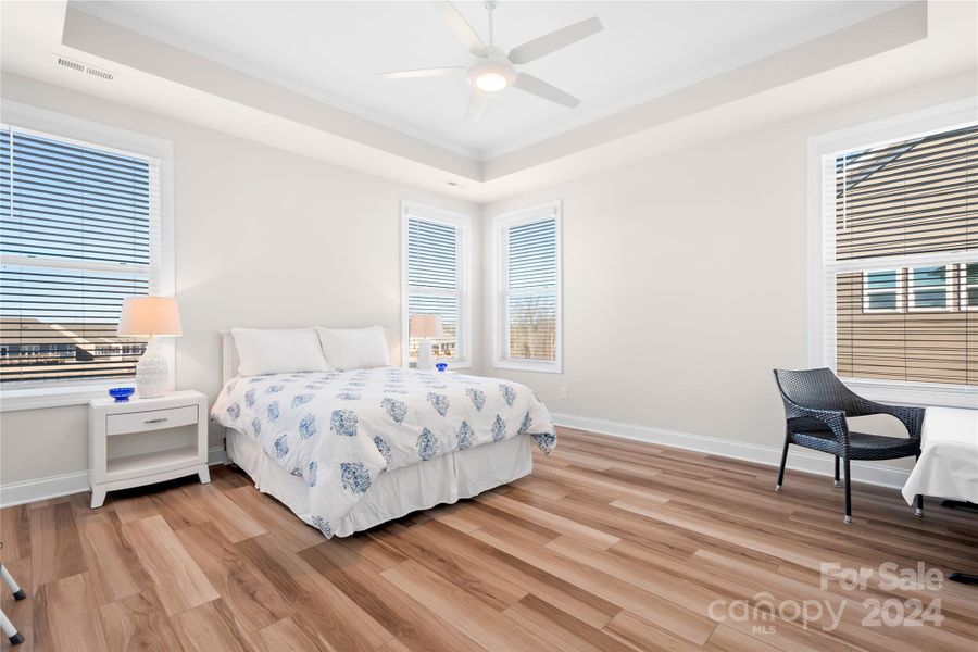 The large Primary bedroom is at the rear of the home and has amazing natural light!  It also features a tray ceiling, ceiling fan, custom blinds and low maintenance LVP flooring.