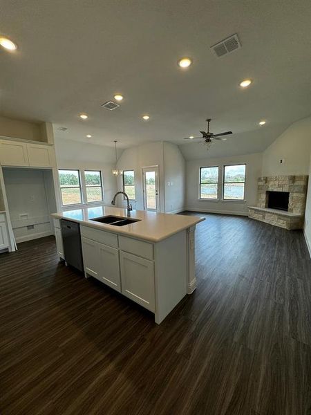 Kitchen with stainless steel dishwasher, white cabinetry, an island with sink, and dark wood-type flooring