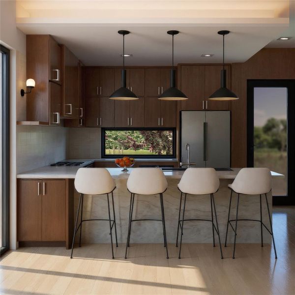 Kitchen featuring a breakfast bar area, hanging light fixtures, light wood finished floors, stainless steel fridge, and backsplash Kitchen featuring a breakfast bar area, hanging light fixtures, light wood finished floors, stainless steel fridge, and backsplash