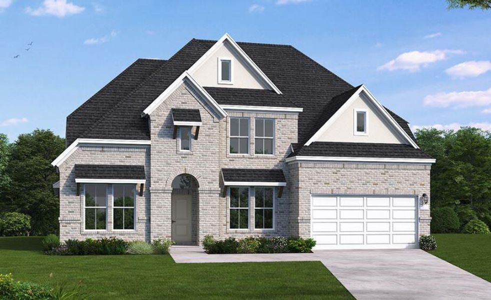 Front exterior of a new home in The Highlands 60', Porter, TX, highlighting curb appeal (Image 1).
