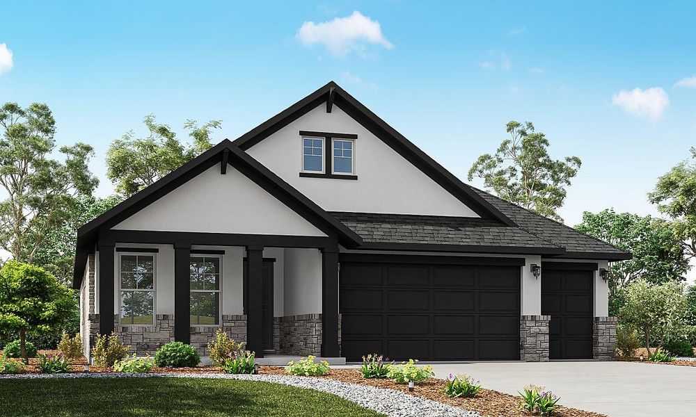 Representative exterior photo of a completed home built from the Verbena by Caldwell Homes in The Highlands, Porter, TX (Image 1). Representative exterior photo of a completed home built from the Verbena by Caldwell Homes in The Highlands, Porter, TX (Image 1).