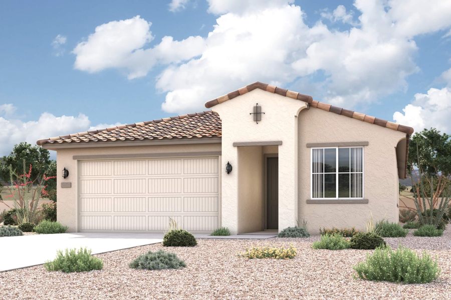 Representative exterior photo of a completed home built from the Heron (Plan 25) by Century Communities in Sage Grove at Magma Ranch, Florence, AZ (Image 1). Representative exterior photo of a completed home built from the Heron (Plan 25) by Century Communities in Sage Grove at Magma Ranch, Florence, AZ (Image 1).