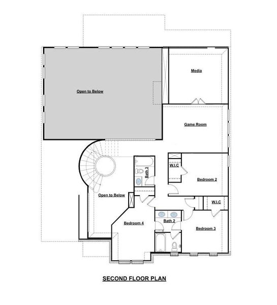 View the intelligently designed second floor, featuring media and game rooms for entertainment, alongside multiple private bedrooms.