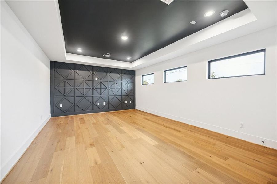 Media room with a storage closet, tray ceiling , accent wall and clerestory windows.