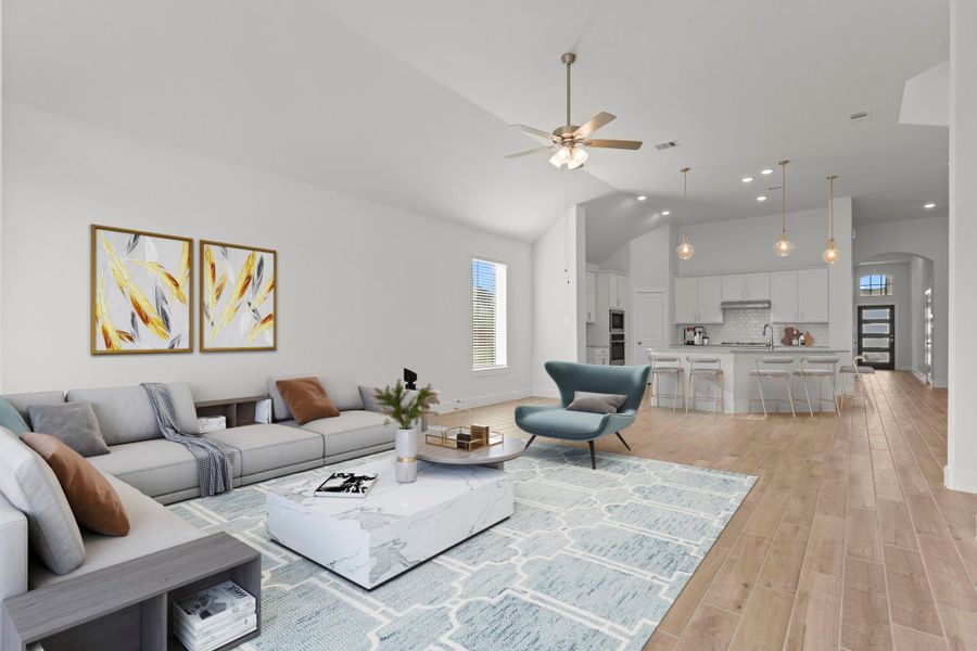 The huge family area flows into the wonderful gourmet kitchen and the dramatic casual dining area. *Virtually Staged*  Stunning high ceilings throughout the home!